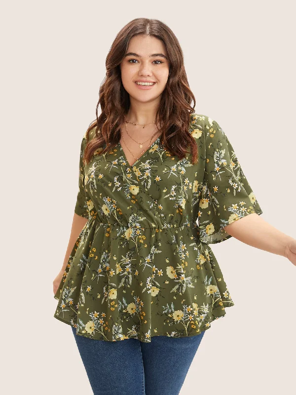 Sophisticated Style Floral Print Ruffles Surplice Neck Blouse