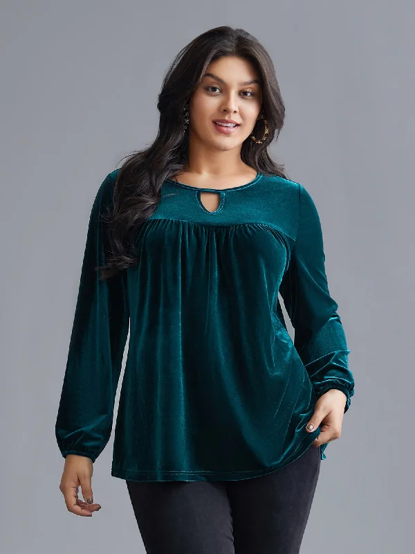 Women's Stylish Outdoor Outfit Plain Hollow Out Gathered Velvet Blouse