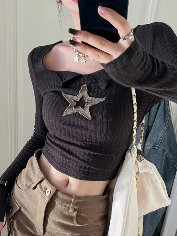 Clothes Of Woman Cosybreezee - Black Star Patched Long Sleeve Knit Crop Top