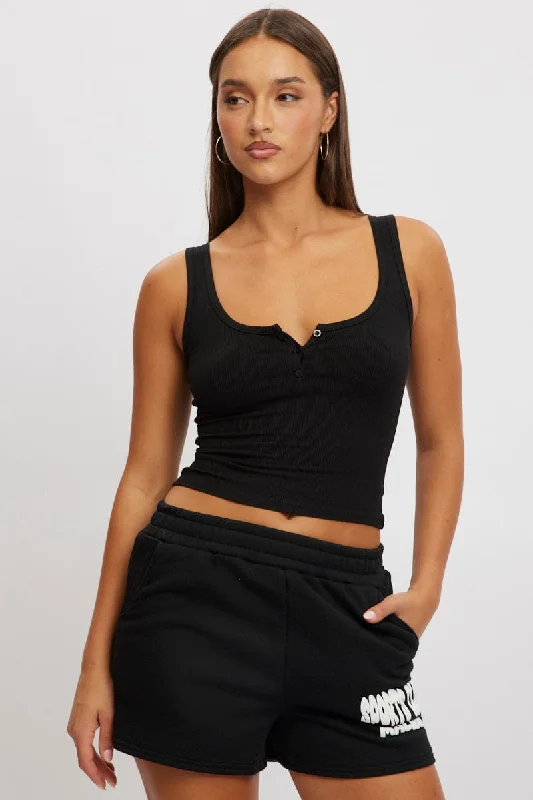 Stylish Women's Outfit Black Rib Tank Button Front