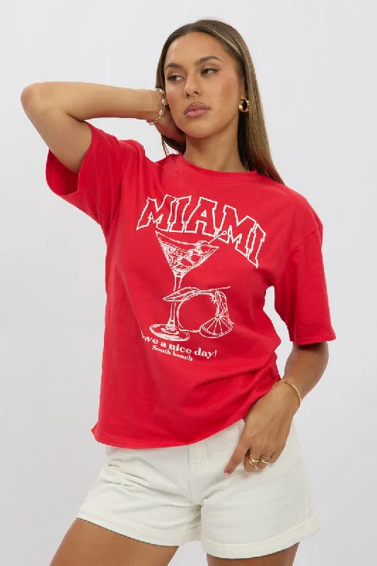 Comfortable Outfit For Women Red Graphic Tee Short Sleeve