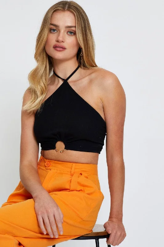 Women's Holiday Apparel Black Crop Top Sleeveless Halter