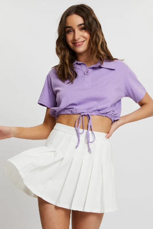 Stylish Women's Outerwear Apparel Purple Polo Collar Drawstring Crop Top