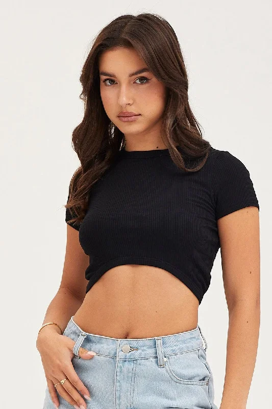 Boutique Styles Black Curved Hem T Shirt Ribbed