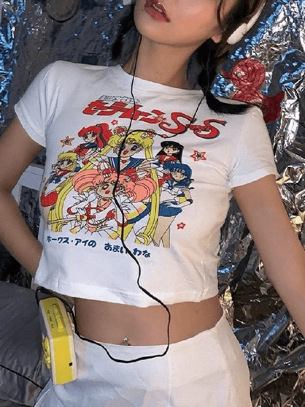 Chic Women's Garments Cosybreezee - White Y2K Anime Graphic Crop Top