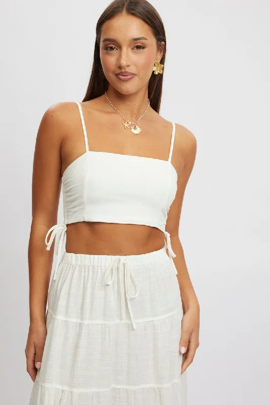 Women's Clothing Apparel White Crop Cami Top Side Ruched Linen Blend