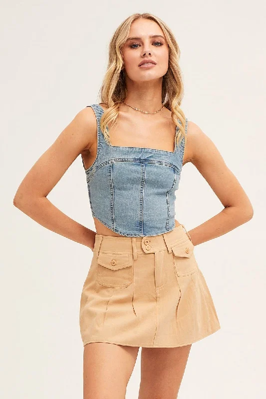 Designer Women's Fashion Online Blue Corset Top Sleeveless Crop Stretch Denim