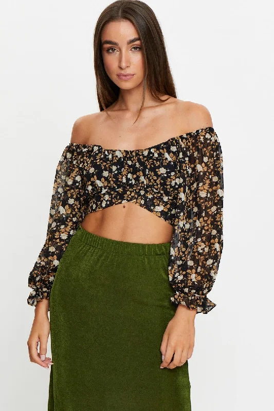 Flash Sale Event Print 3/4 Sleeve Crop Top