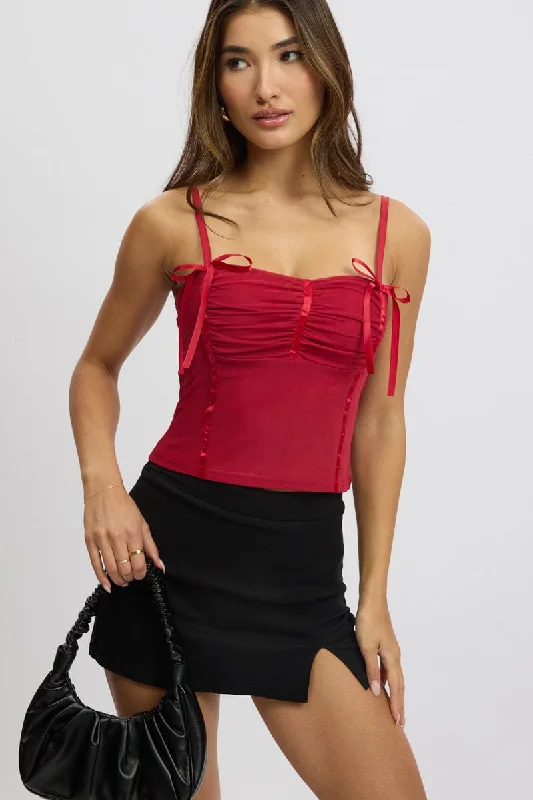 Women's Cozy Outfit For Lounging Red Mesh Singlet Top