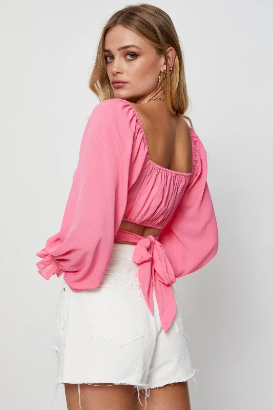 Women's Trendy Outfits Pink Crop Top Long Sleeve