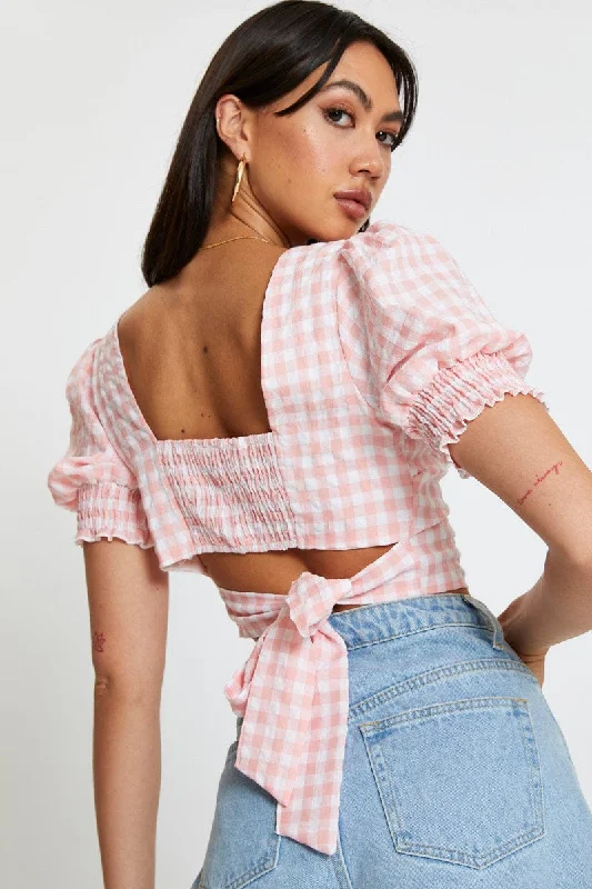 Trendy Online Boutiques Check Crop Top Short Sleeve Square Neck