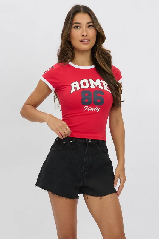 Women's Outfit Red Graphic Tee Short Sleeve