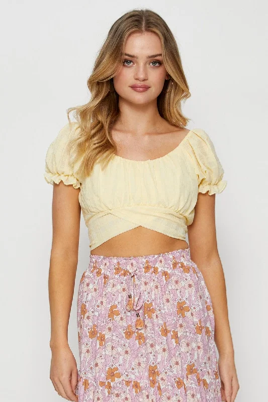 Outfits For Women Yellow Crop Top Short Sleeve Tie Up