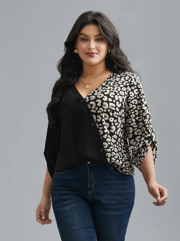 Vintage-Inspired Garments Leopard Print Spliced Tab Sleeve Blouse