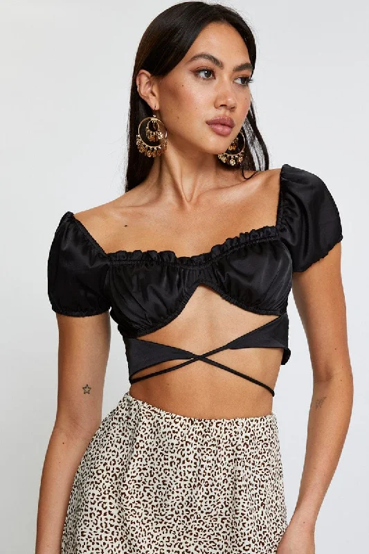 Luxury Fashion Black Crop Top Short Sleeve Tie Up