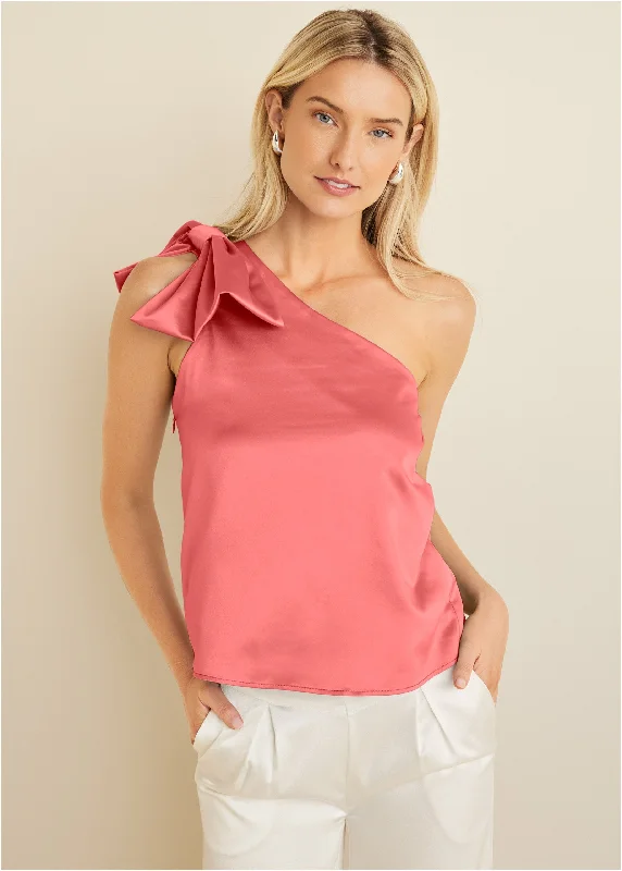 Fashion Essentials Bow Detail One-Shoulder Top - Coral