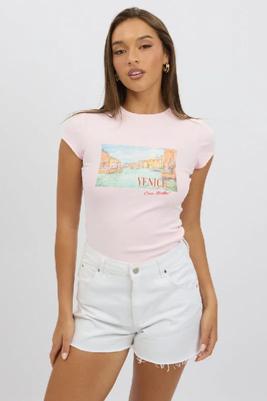 Outfits For Women Pink Graphic Tee Short Sleeve