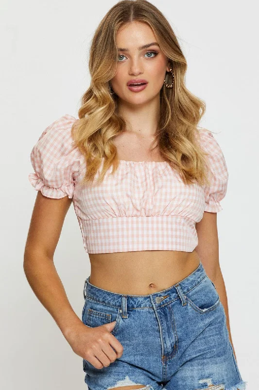 Colorful Clothing Check Crop Top Short Sleeve