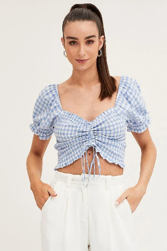 Stylish Women's Clothes for Work and Play Check Crop Top Short Sleeve Sweetheart Ruched Front