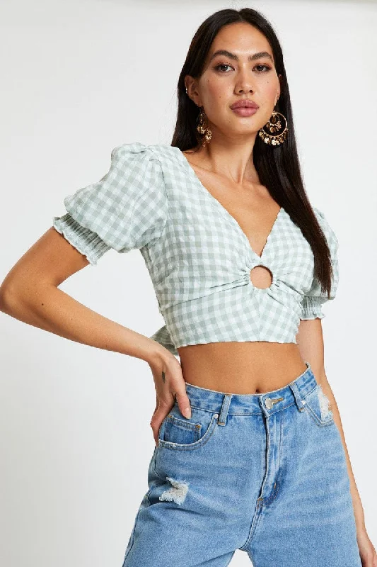 Best Online Boutiques For Women Check Crop Top Short Sleeve Square Neck