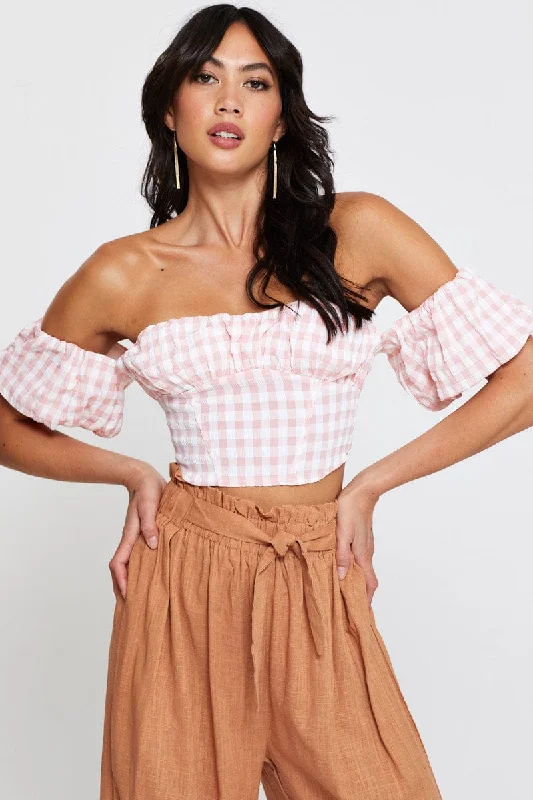 Flash Sale Clothing Check Crop Top Off Shoulder Short Sleeve