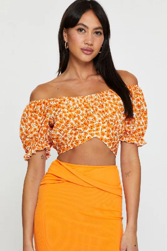 Women's Activewear Attire Print Crop Top Short Sleeve Off Shoulder