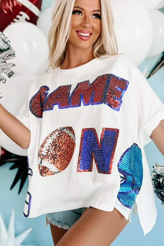 Women's Chic Outerwear Garments "Game On" Oversized Sequin Graphic Top (White)