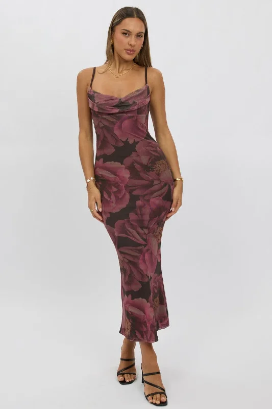 Versatile Women's Clothing for All Occasions Pink Floral Bodycon Dress Singlet Cowl Neck Maxi