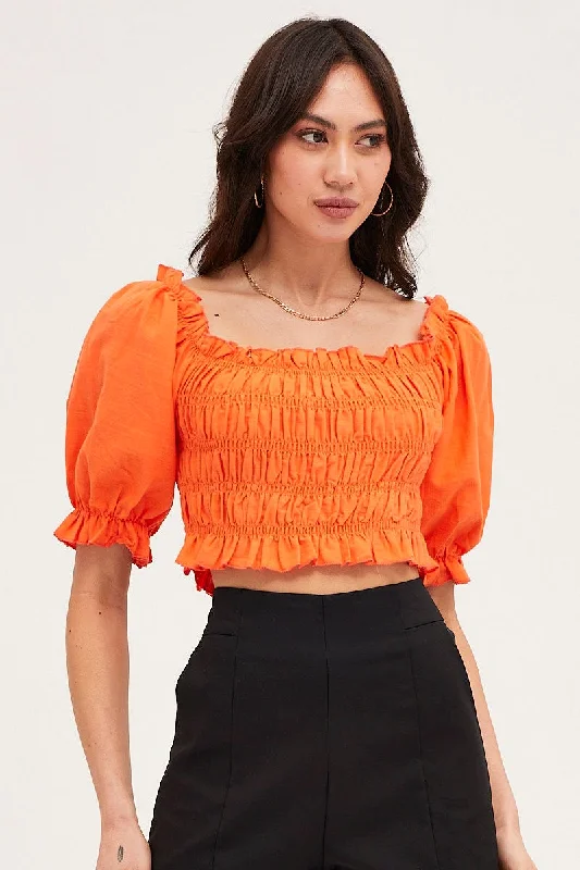 Women's Formal Clothes Orange Crop Top Short Sleeve Shirred