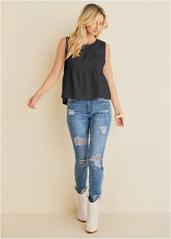 Bold Fashion Linen Tiered Tank Top - Black