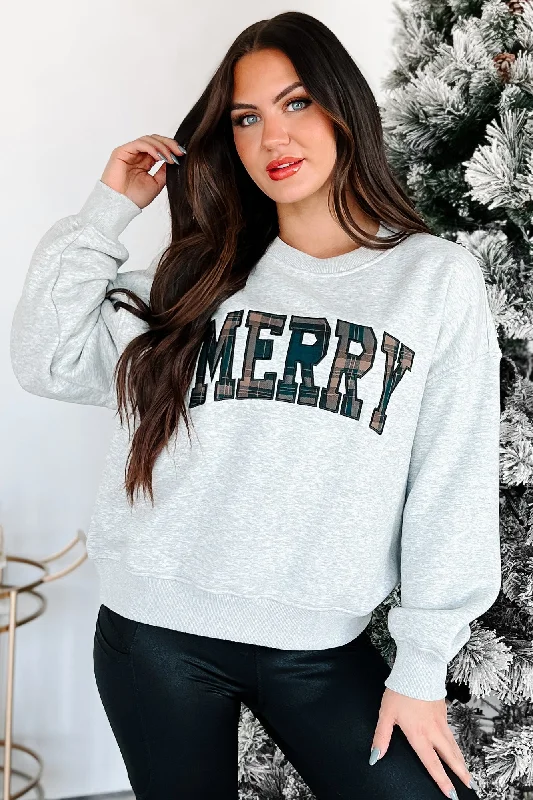 Chic Women's Outfit Ideas On The Cute List Graphic "Merry" Sweatshirt (Heather Grey)