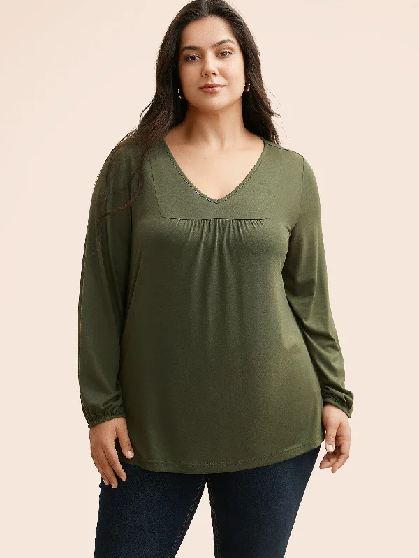 Early Bird Offer V Neck Gathered Lantern Sleeve Jersey Top