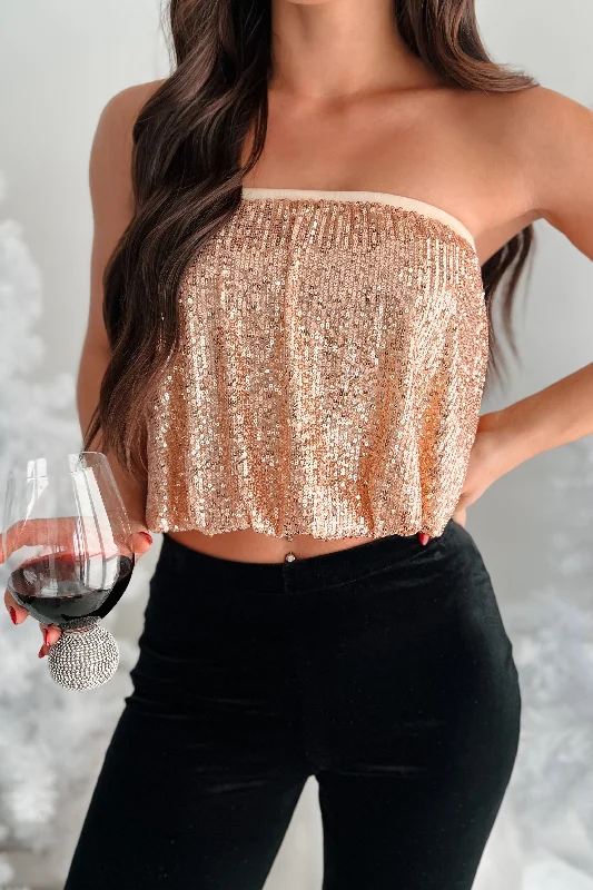 Women's Athletic Apparel Always Partying Sequin Tube Top (Champagne)