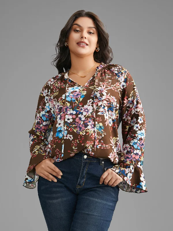 Online Shopping Boutiques Floral Tie Knot Flutter Sleeve Blouse