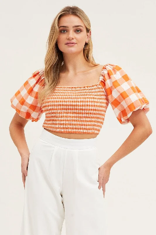 Sale Clothes Online Check Gingham Half Sleeve Shirred Cropped Top