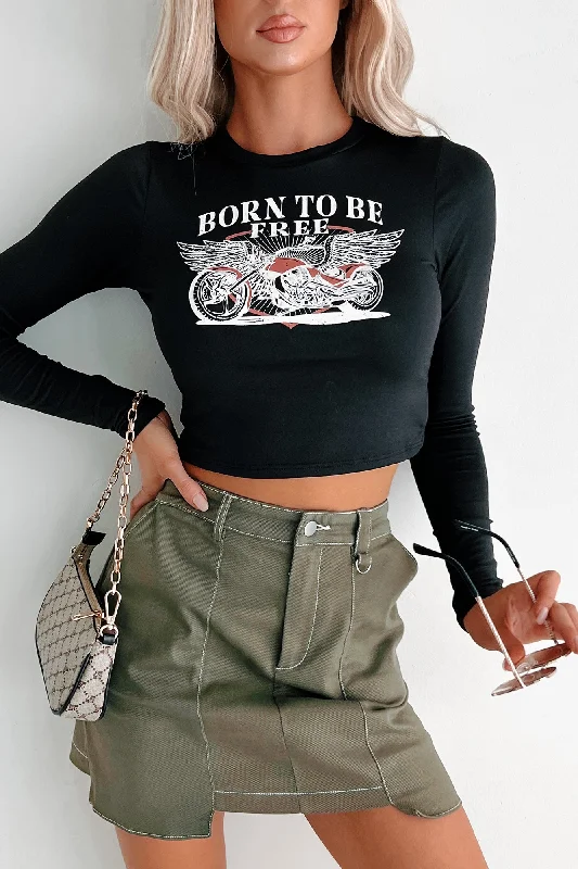 Chic Casual Wardrobe Essentials "Born To Be Free" Long Sleeve Graphic Top (Black)