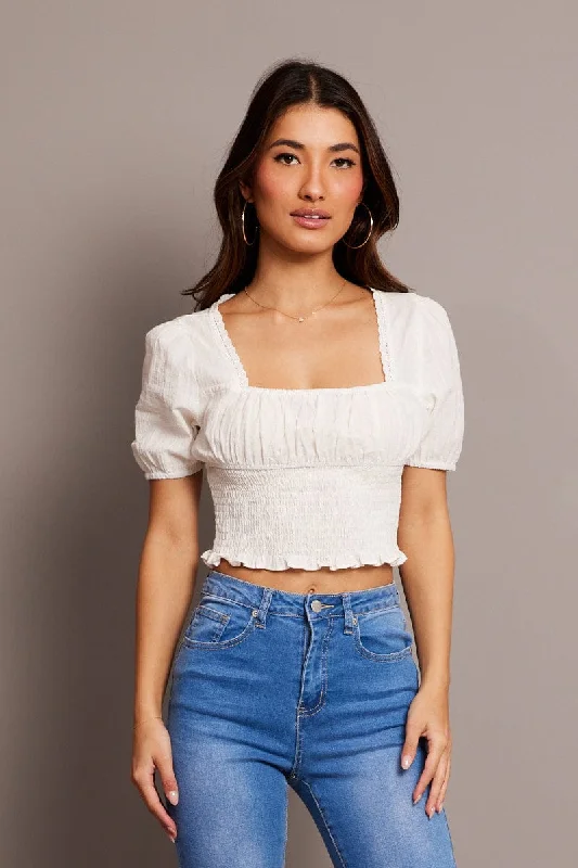 Women's Clothing Sale Online White Crop Top Short Sleeve Shirred Waist