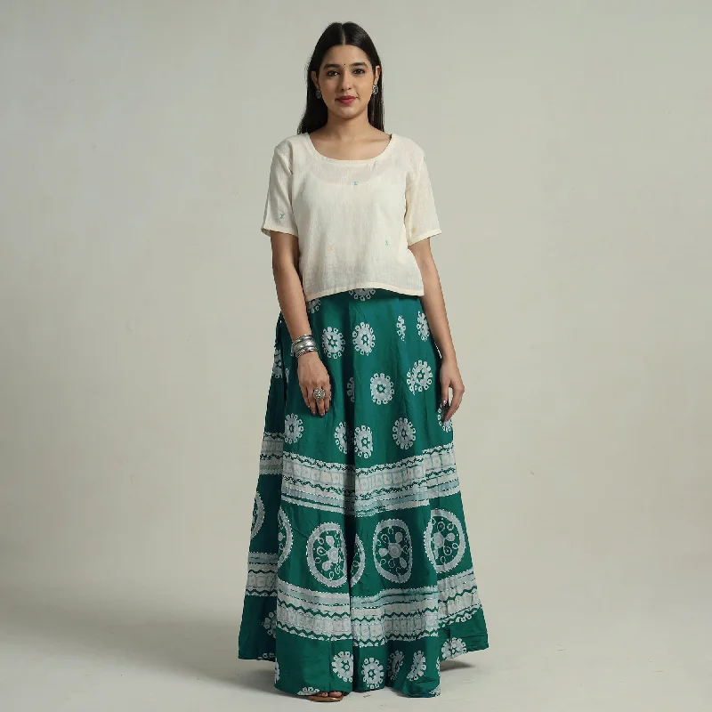 Women's Online Boutique Green - Hand Batik Printed Running Stitch Cotton Long Skirt 71