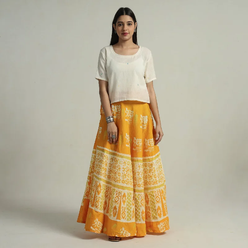 Holiday Gift Guide Sale Yellow - Hand Batik Printed Running Stitch Cotton Long Skirt 73