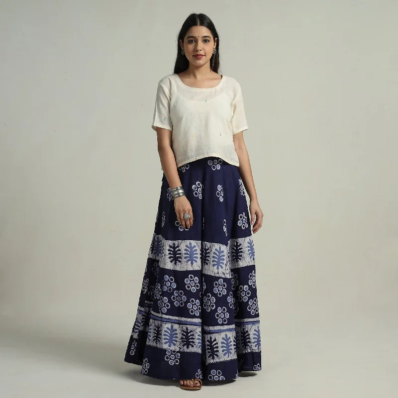 Eclectic Fashion Blue - Hand Batik Printed Running Stitch Cotton Long Skirt 77