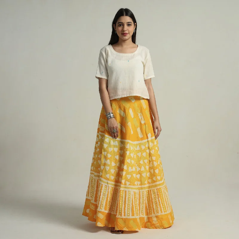 Rocker Chic Fashion Yellow - Hand Batik Printed Running Stitch Cotton Long Skirt 78