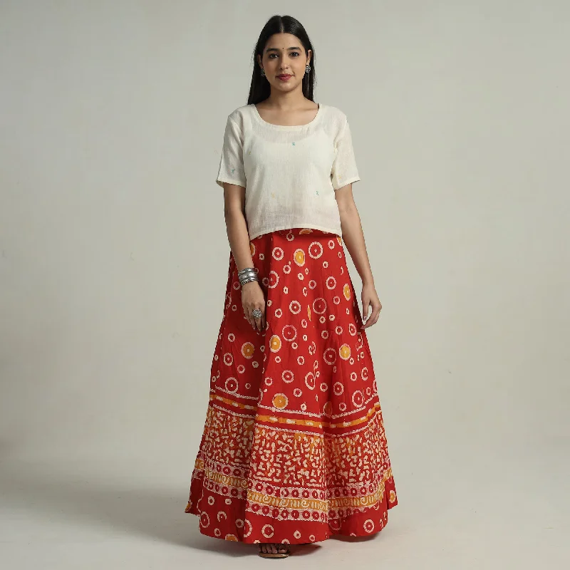 Sporty Streetwear Red - Hand Batik Printed Running Stitch Cotton Long Skirt 79