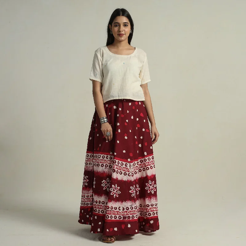 Relaxed Fashion Maroon - Hand Batik Printed Running Stitch Cotton Long Skirt 41