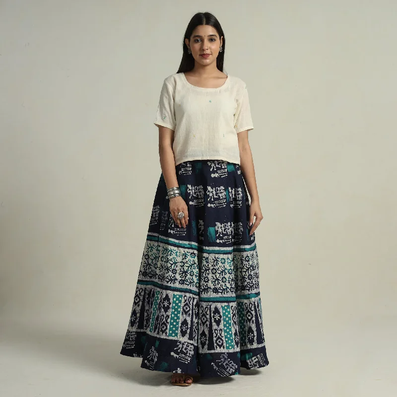 Earthy Tones Blue - Hand Batik Printed Running Stitch Cotton Long Skirt 47