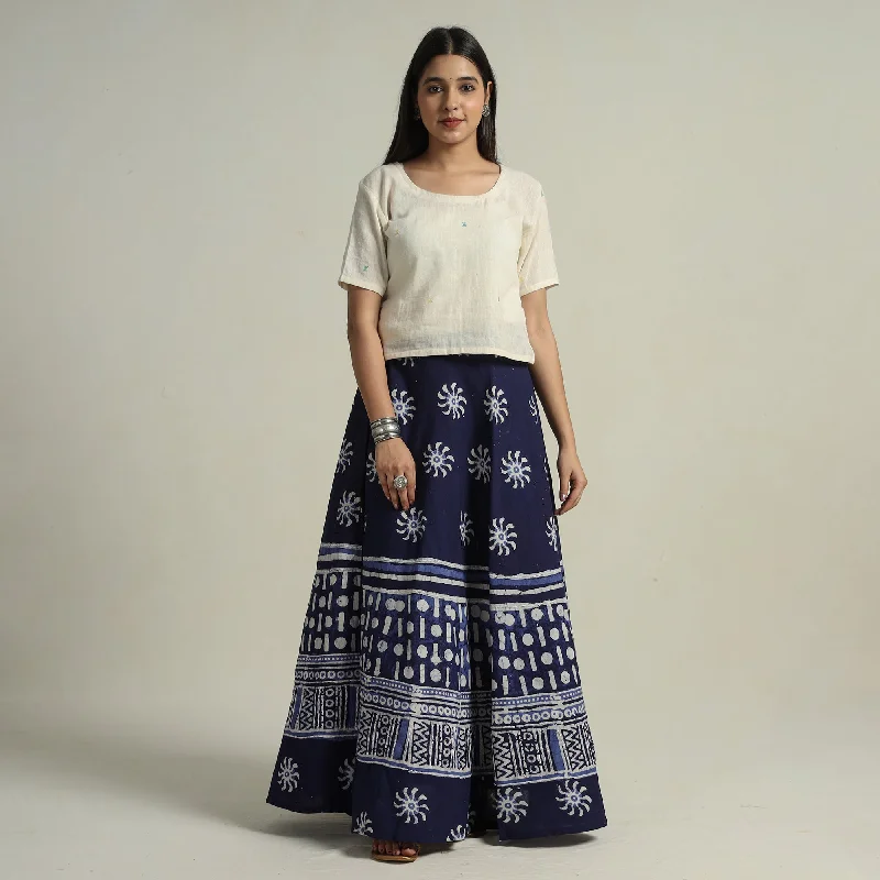 Free Spirited Fashion Blue - Hand Batik Printed Running Stitch Cotton Long Skirt 44