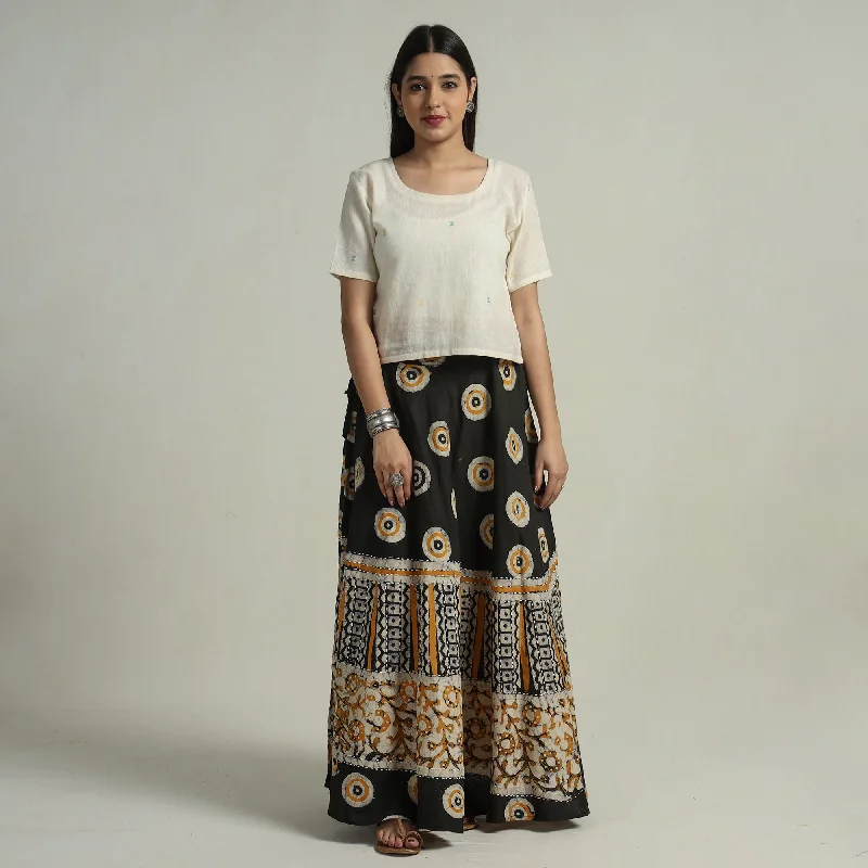 Plus Size Women Wear Black - Hand Batik Printed Running Stitch Cotton Long Skirt 84