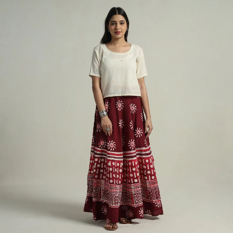 Women's Urban Fashion Maroon - Hand Batik Printed Running Stitch Cotton Long Skirt 92