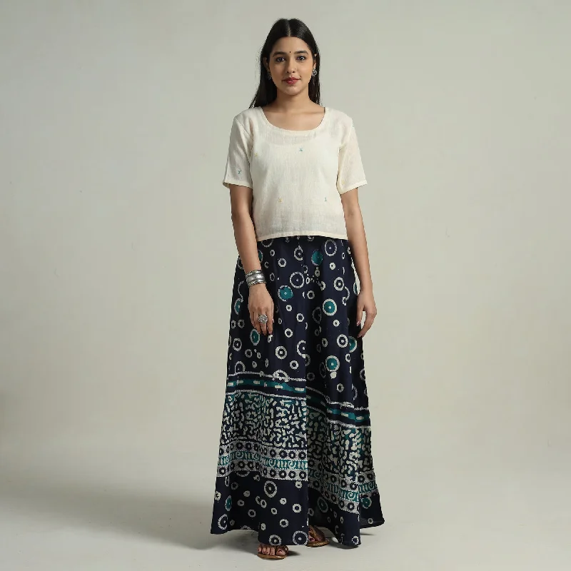 High End Women's Wear Blue - Hand Batik Printed Running Stitch Cotton Long Skirt 93