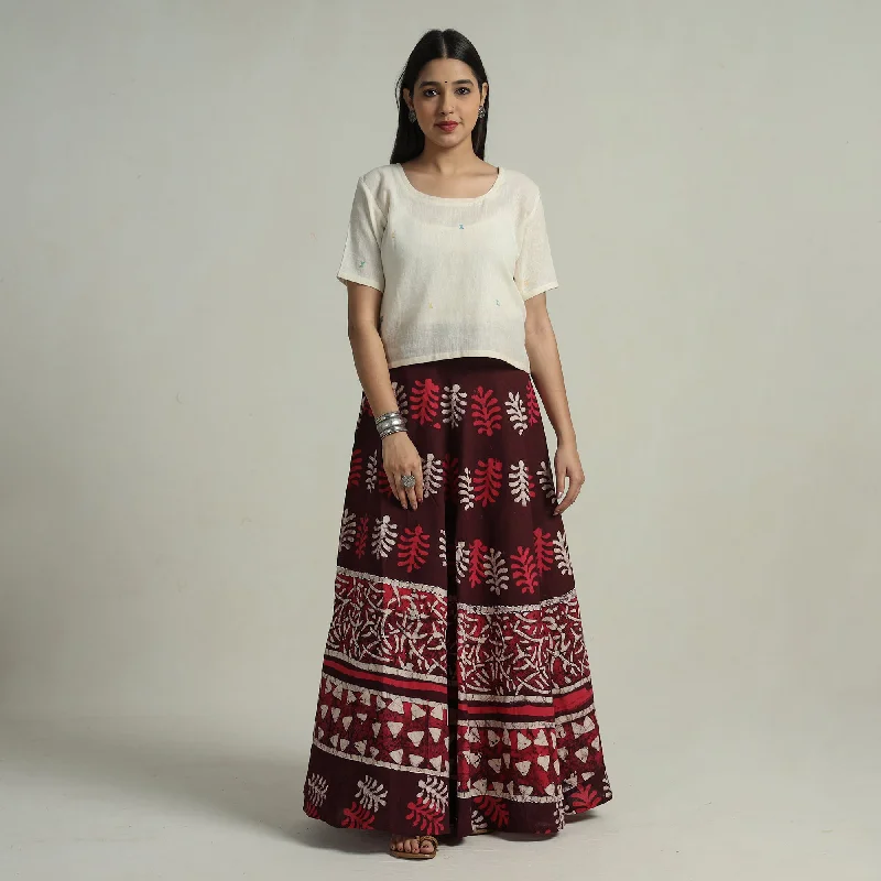 Casual Fashion Maroon - Hand Batik Printed Running Stitch Cotton Long Skirt 64