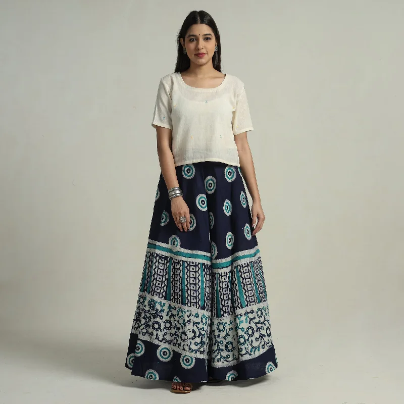 Women's Festive Attire Blue - Hand Batik Printed Running Stitch Cotton Long Skirt 65